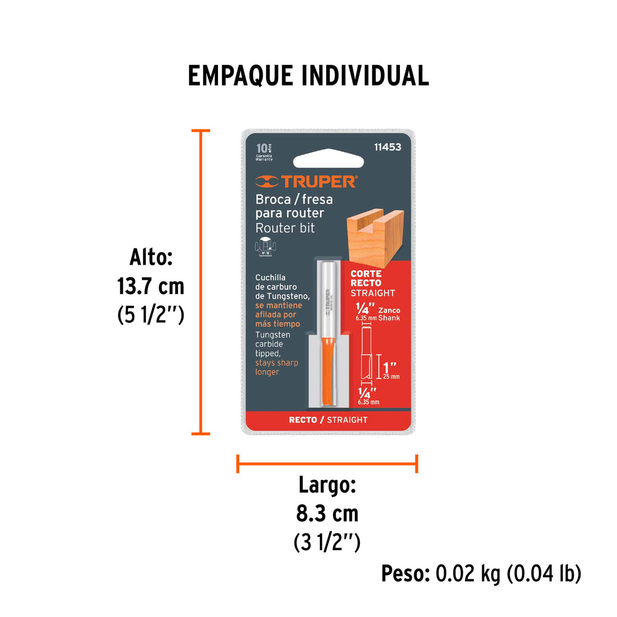 Broca para router recta 2 filos 1/4" larga Truper