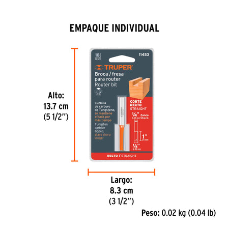Broca para router recta 2 filos 1/4" larga Truper