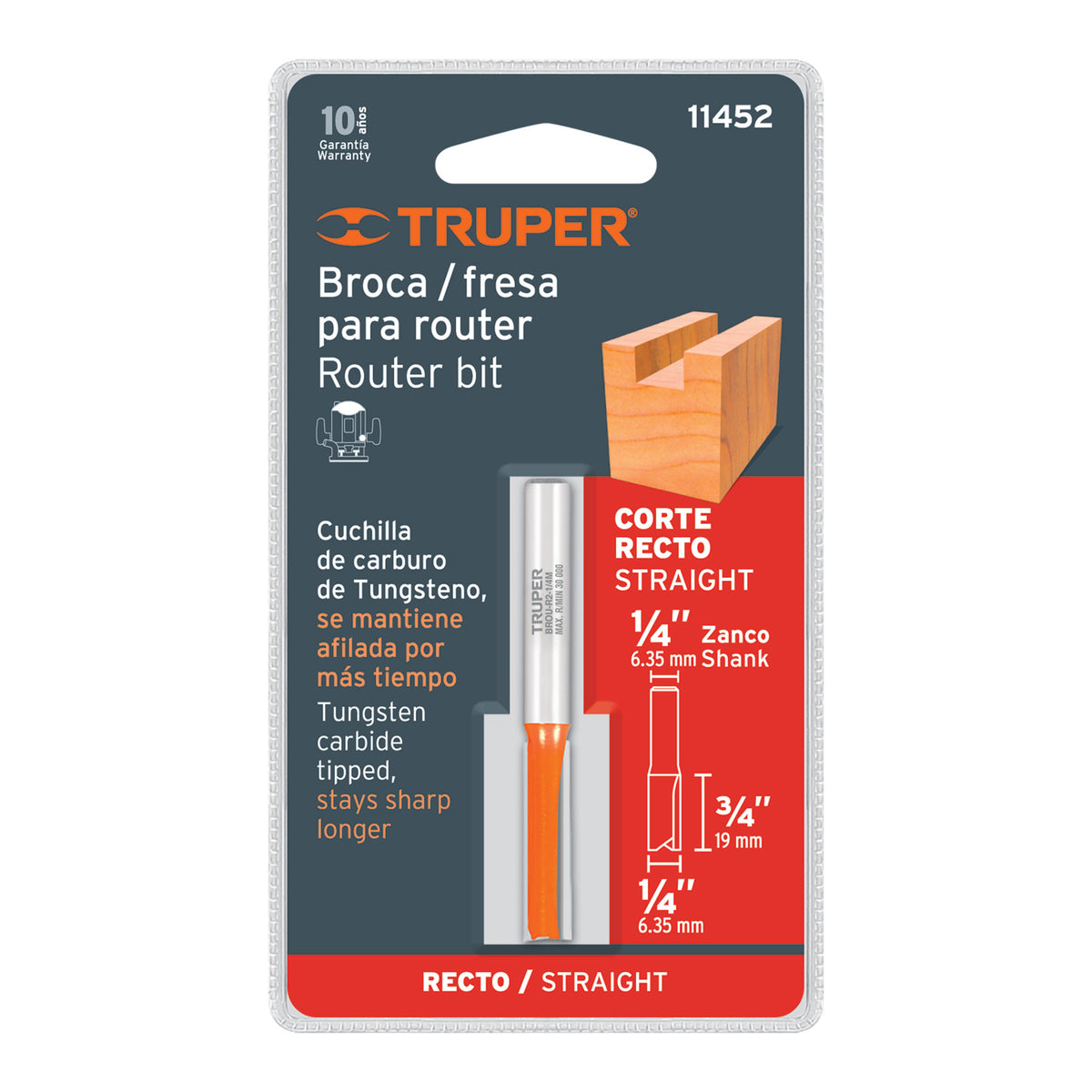 Broca para router recta 2 filos 1/4" mediana Truper