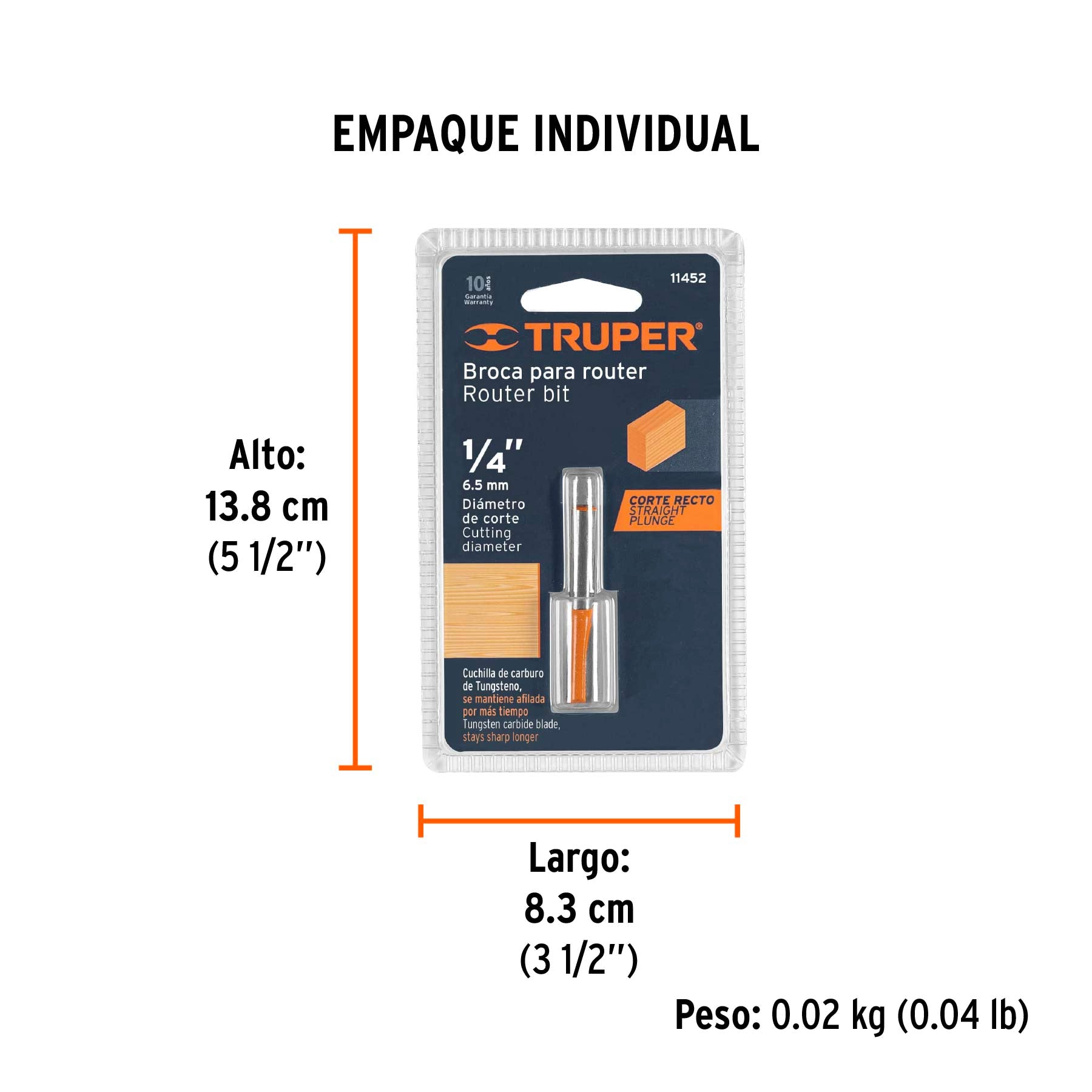 Broca para router recta 2 filos 1/4" mediana Truper