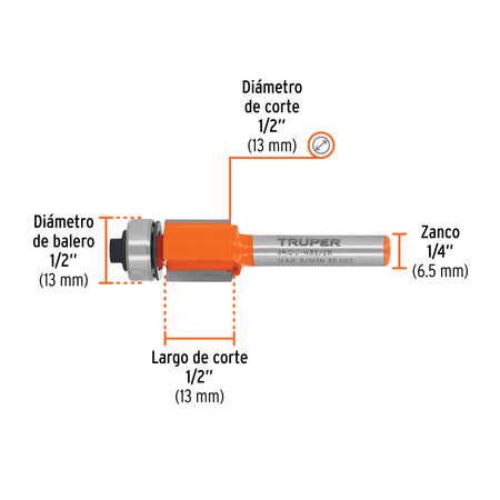 Broca para router corte recto con balero Truper 1/2"