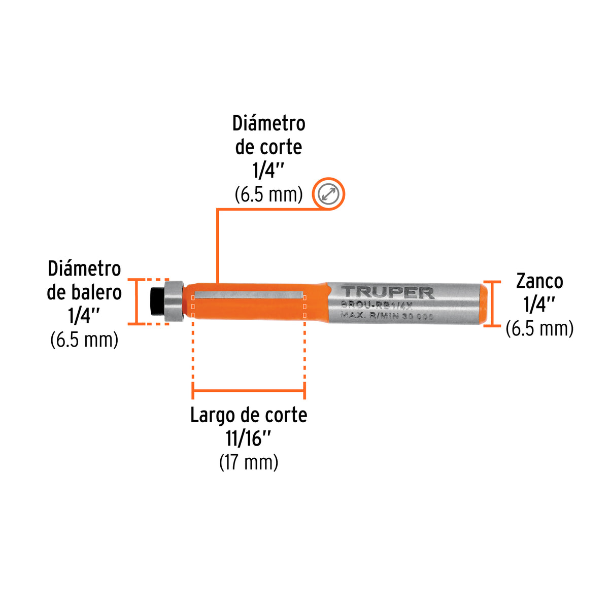 Broca para router corte recto con balero Truper 1/4"