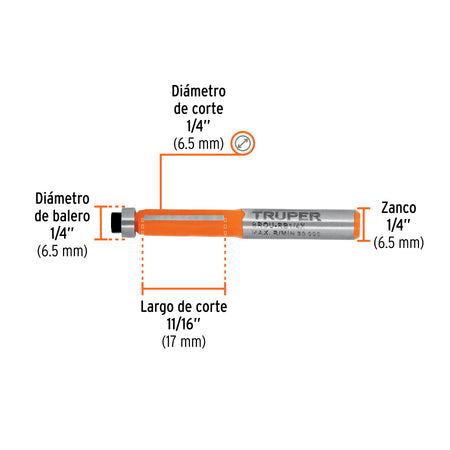 Broca para router corte recto con balero Truper 1/4"