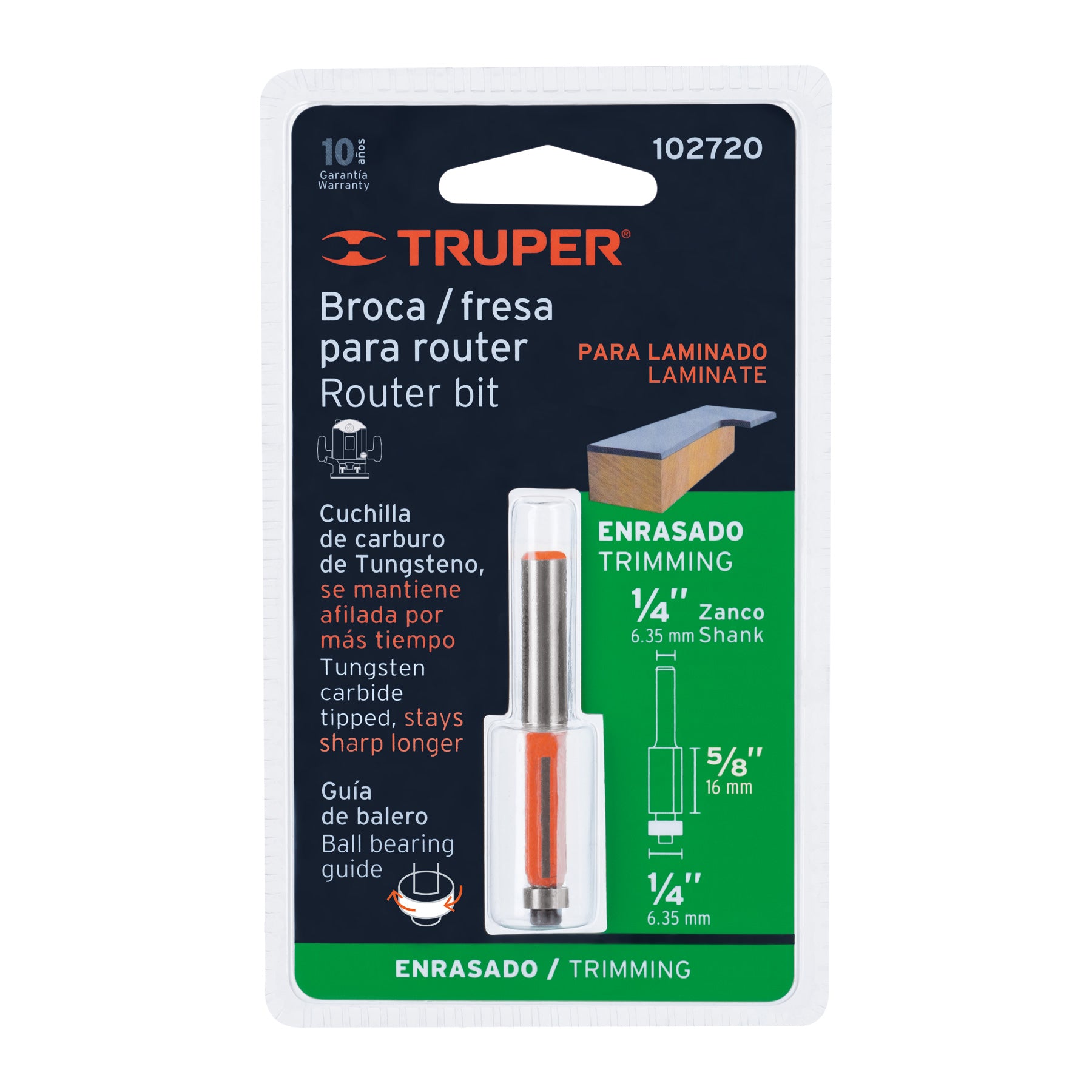 Broca para router corte recto con balero Truper 1/4"