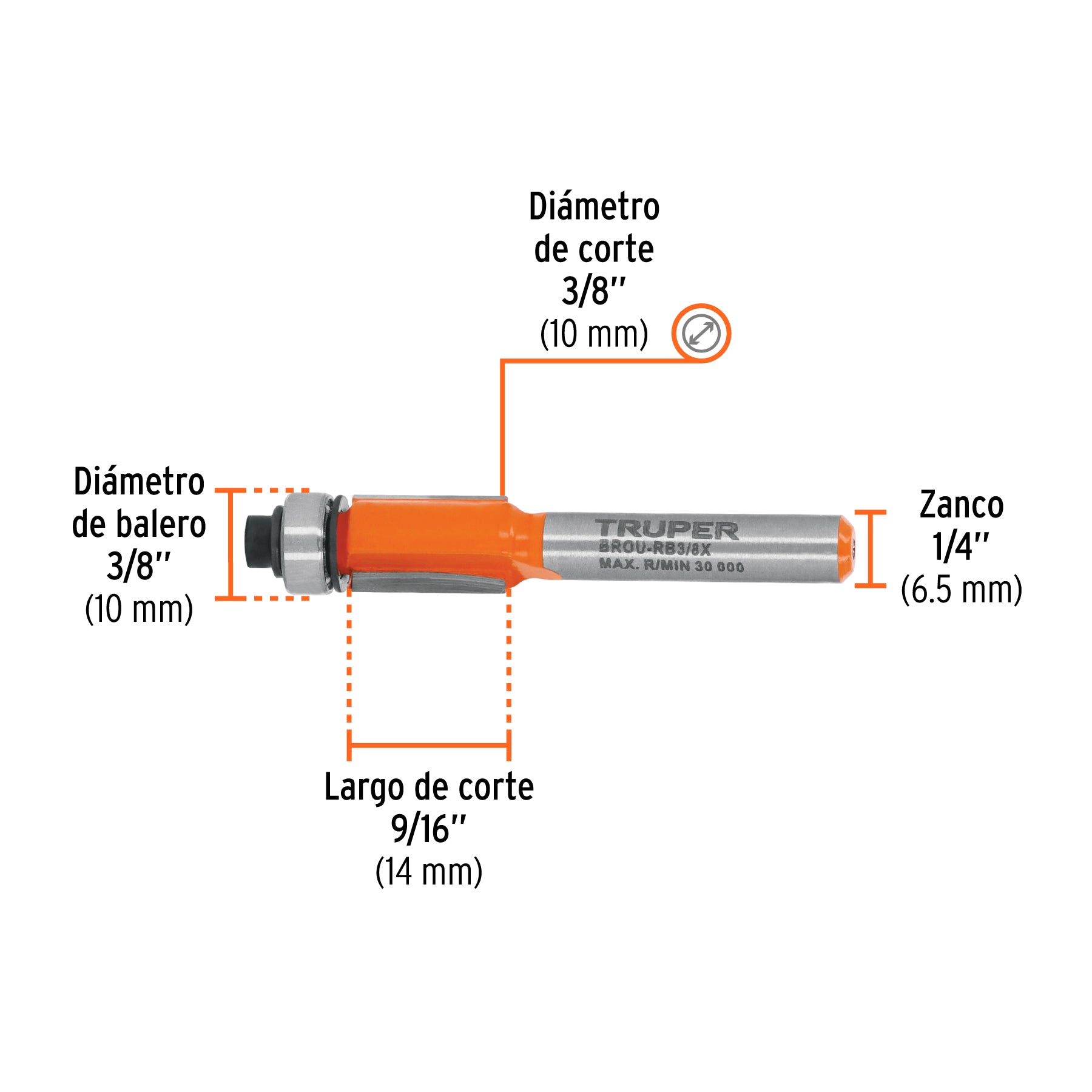 Broca para router corte recto con balero Truper 3/8"