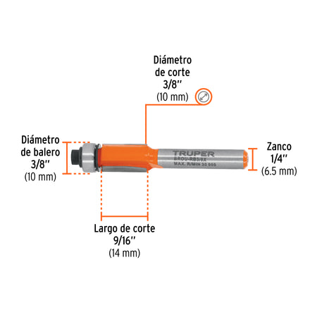 Broca para router corte recto con balero Truper 3/8"