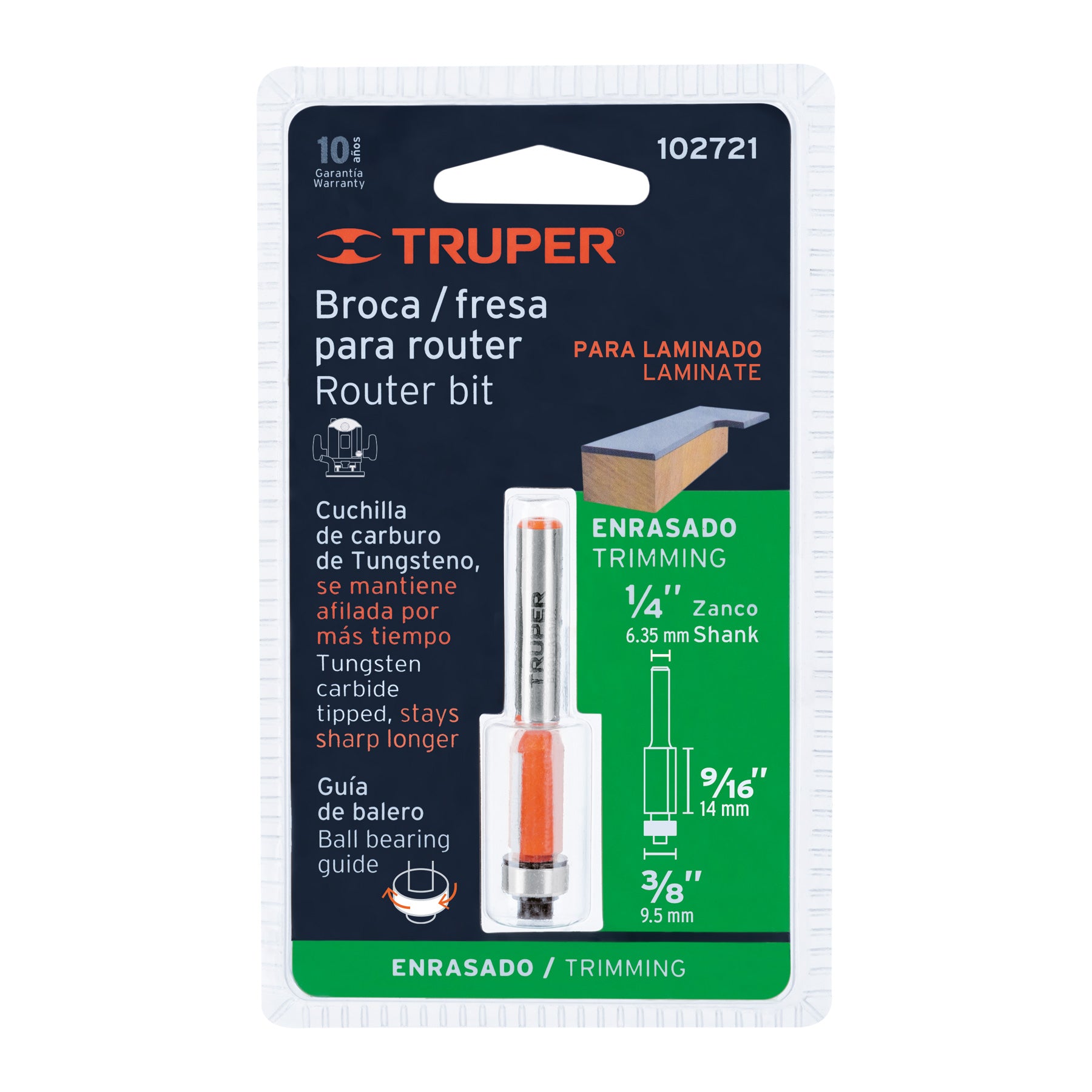 Broca para router corte recto con balero Truper 3/8"