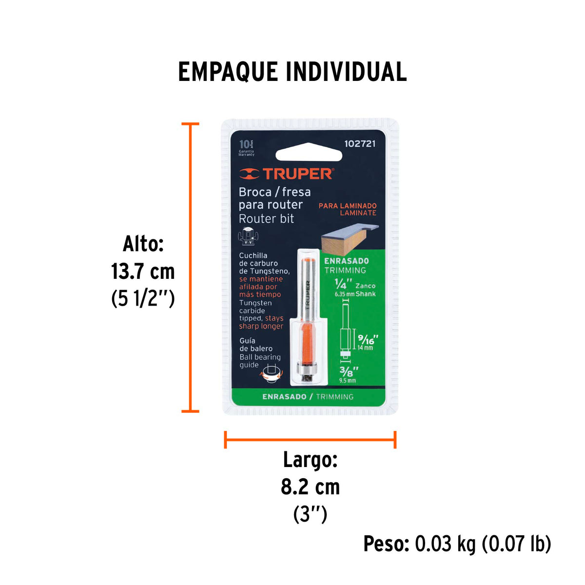 Broca para router corte recto con balero Truper 3/8"