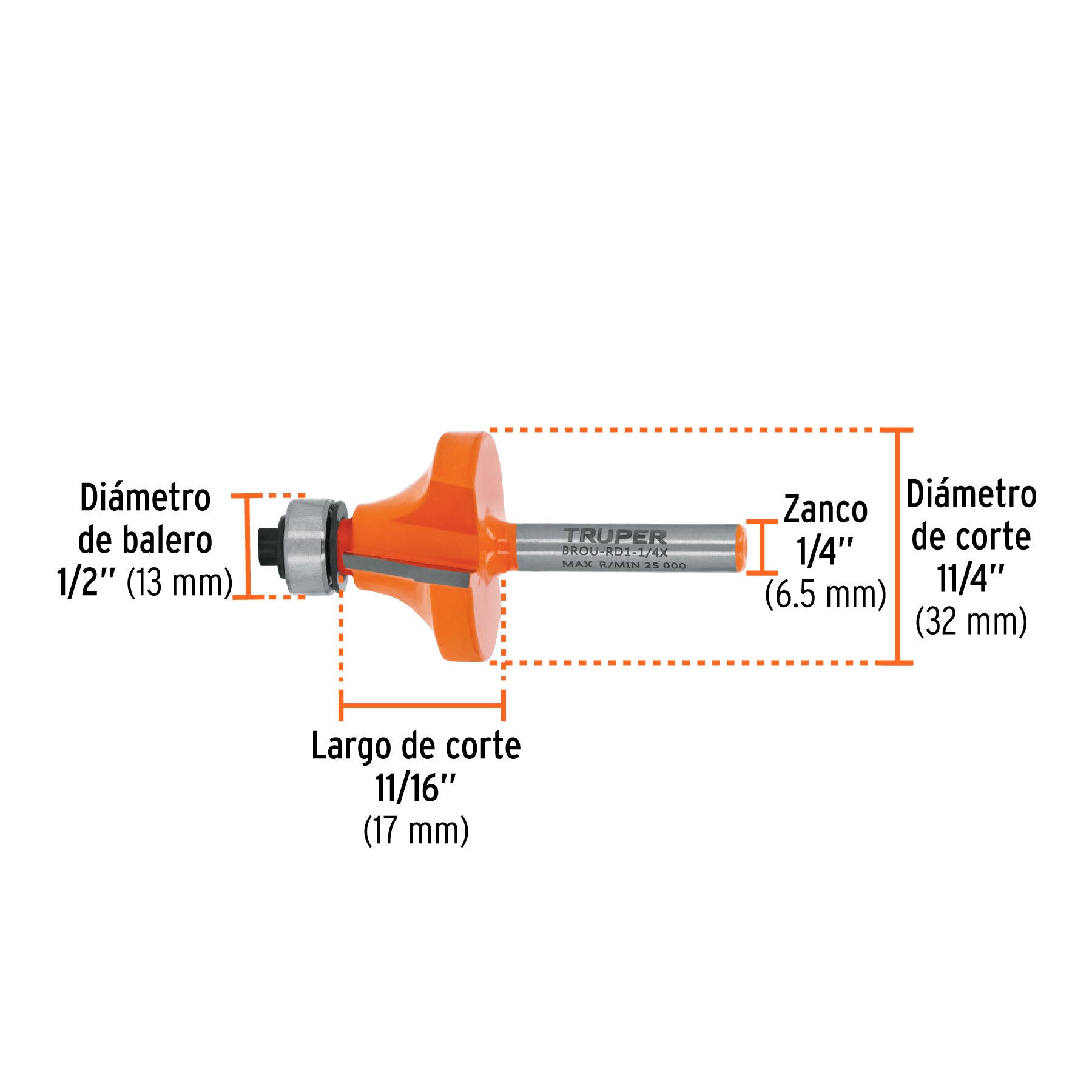 Broca para router redondeado con balero Truper 1-1/4"