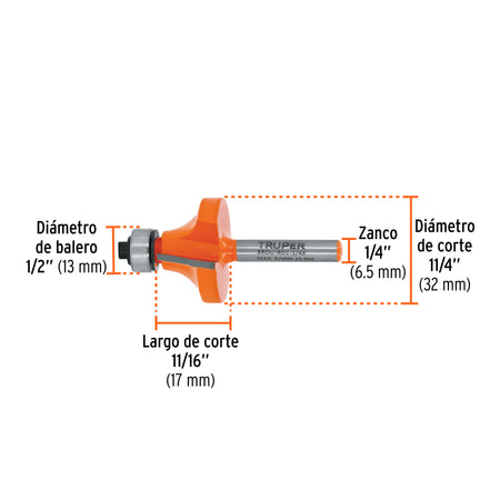 Broca para router redondeado con balero Truper 1-1/4"