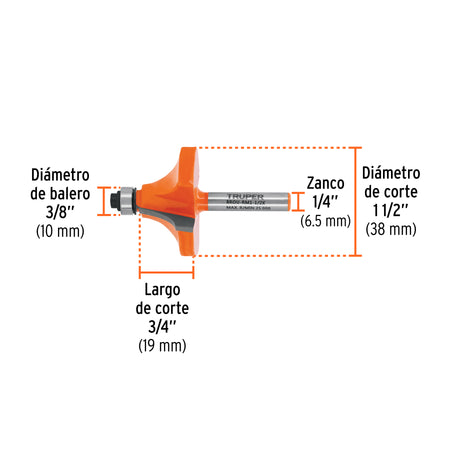 Broca para router redondeado con moldura con balero 1-1/2"
