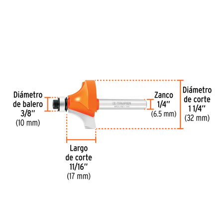 Broca para router redondeado con moldura con balero 1-1/4"