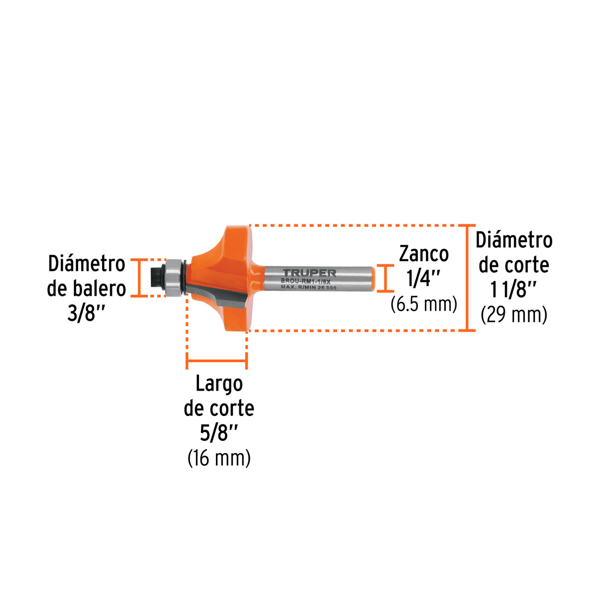 Broca para router redondeado con moldura con balero 1-1/8"