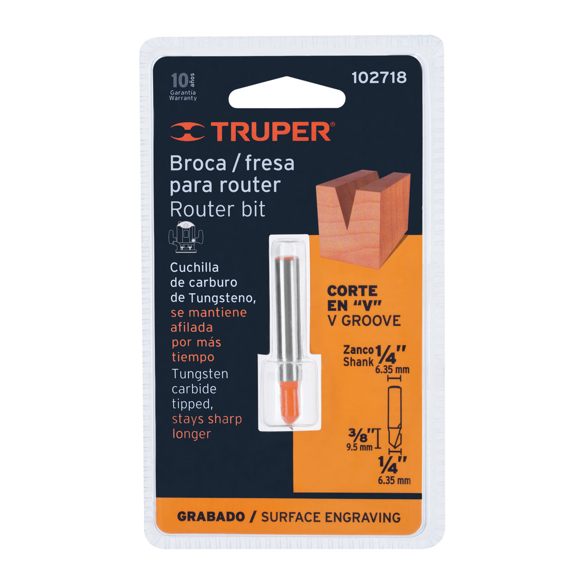 Broca para router corte en "V" Truper 1/4"