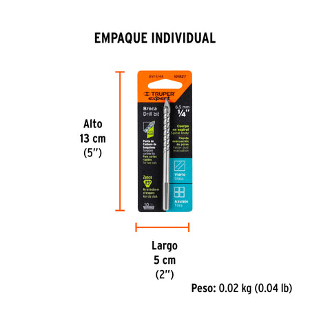 Broca para vidrio y azulejo Truper Expert 1/4"