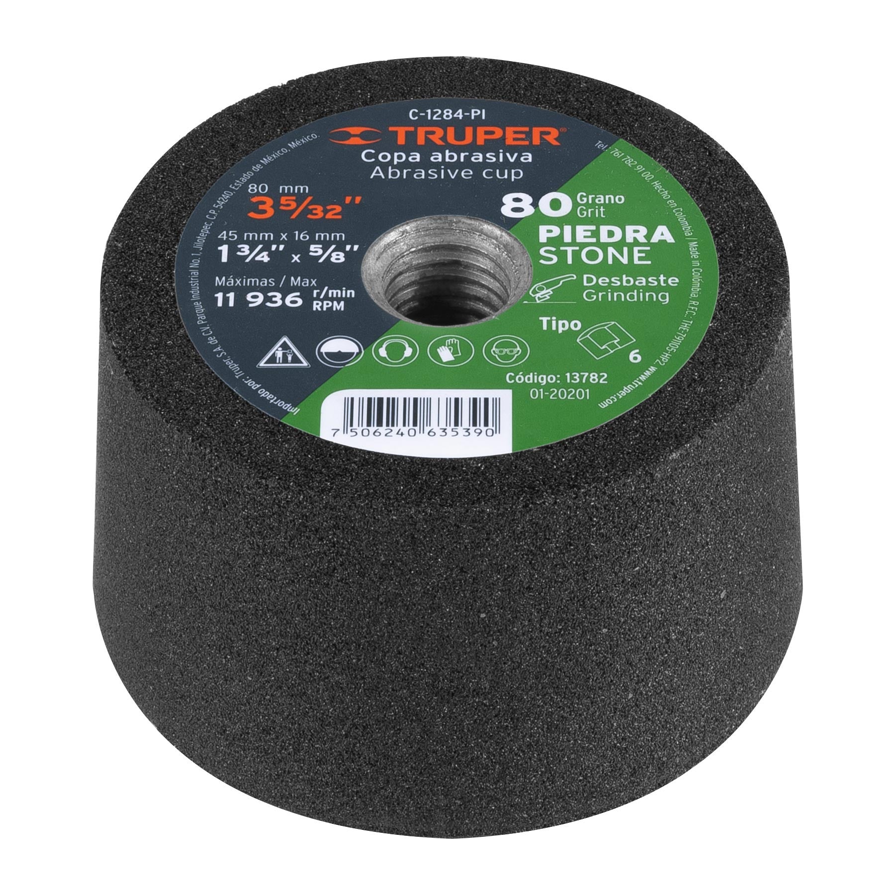 Copa desbaste de piedra 3-5/32' grano 80, eje M14, Truper