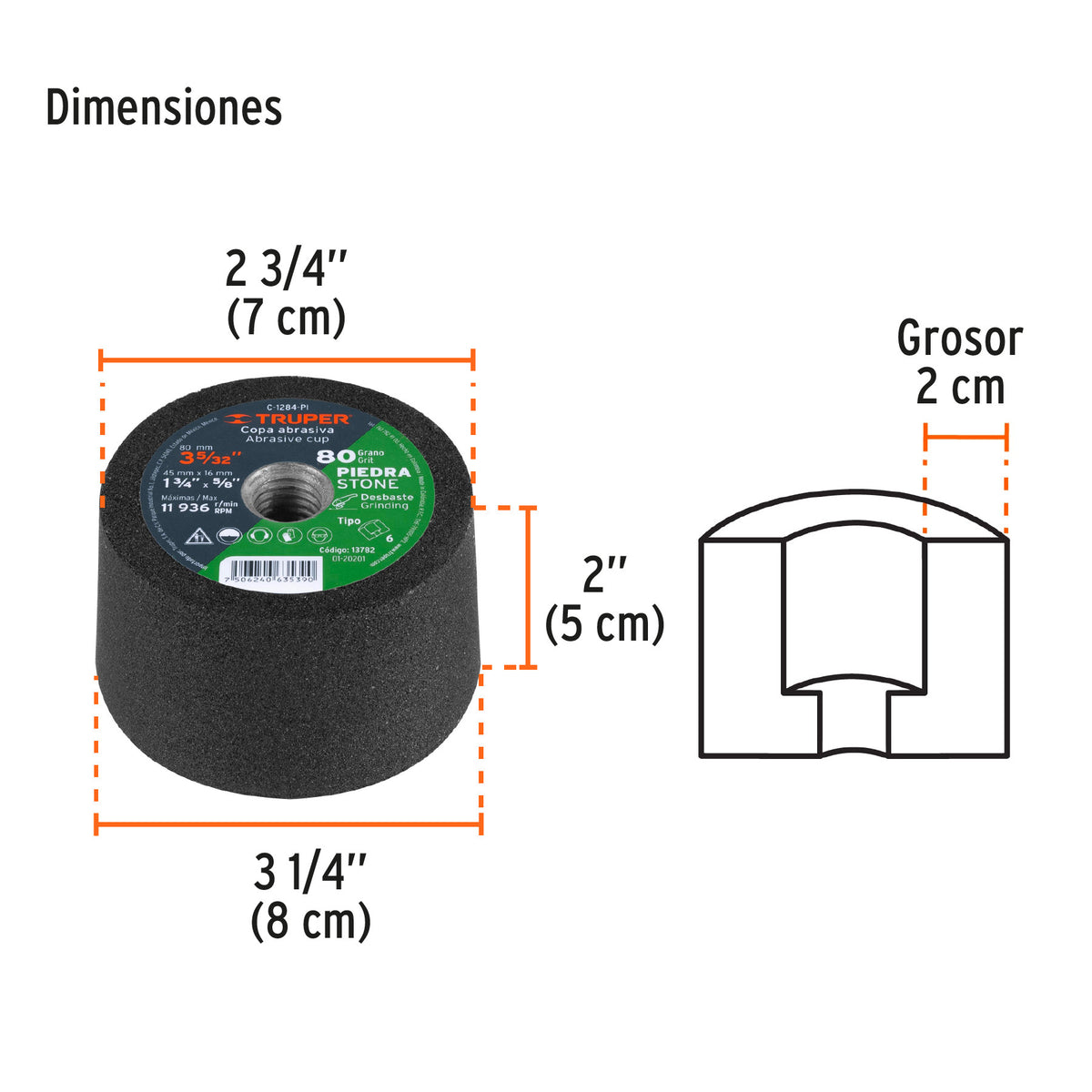 Copa desbaste de piedra 3-5/32' grano 80, eje M14, Truper
