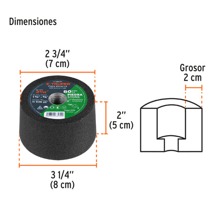 Copa desbaste de piedra 3-5/32' grano 80, eje M14, Truper