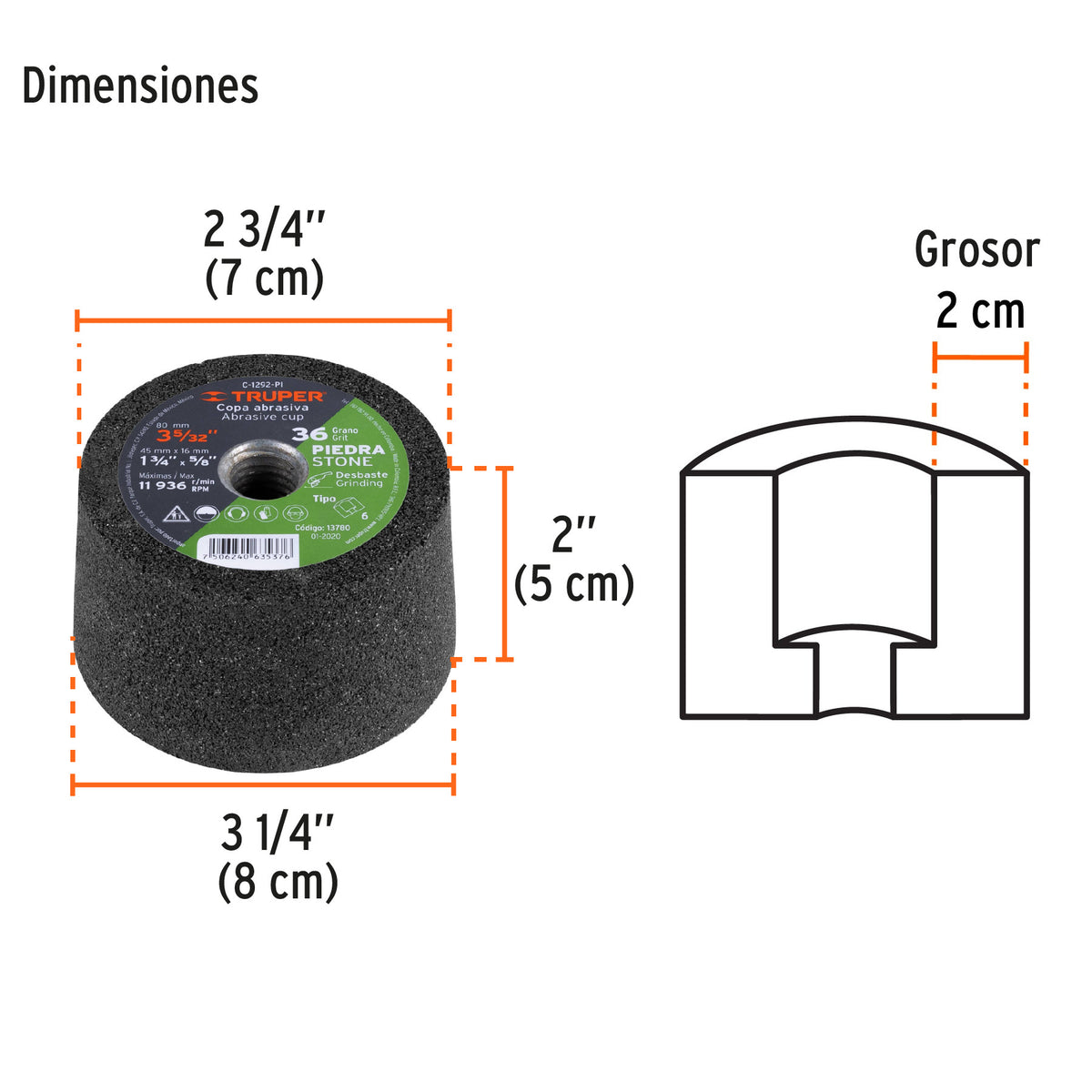 Copa desbaste de piedra 3-5/32' grano 36, eje M14, Truper