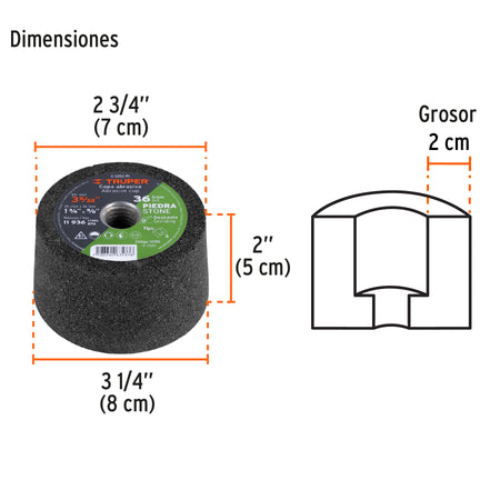 Copa desbaste de piedra 3-5/32' grano 36, eje M14, Truper