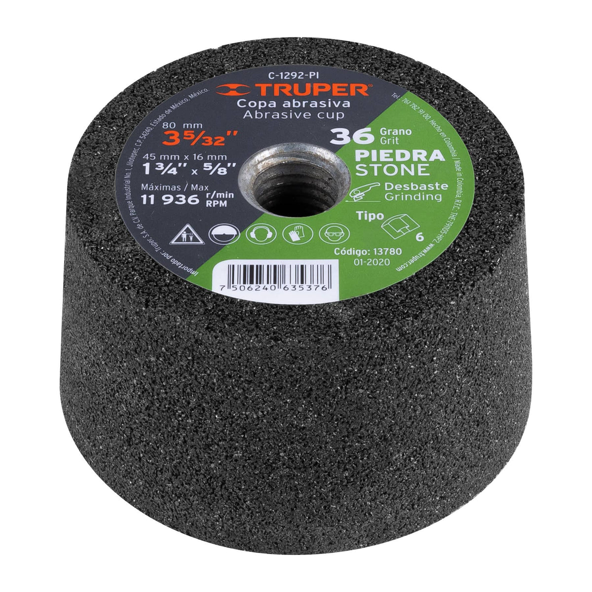 Copa desbaste de piedra 3-5/32' grano 36, eje M14, Truper