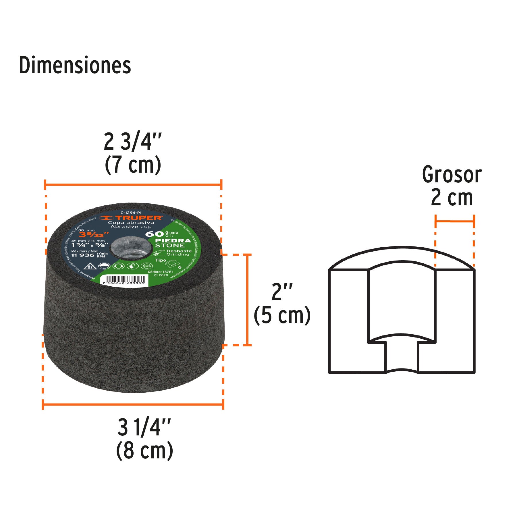 Copa desbaste de piedra 3-5/32' grano 60, eje M14, Truper