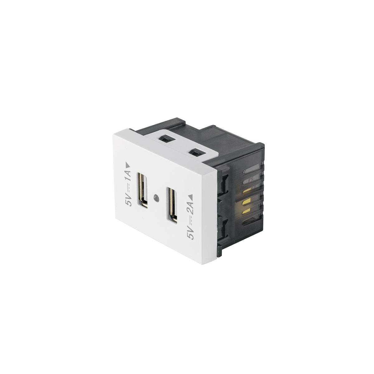 Toma con 2 puertos USB, 1.5 módulos, línea Española, blanco