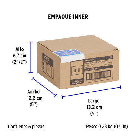 Toma con 2 puertos USB, 1.5 módulos, línea Española, blanco