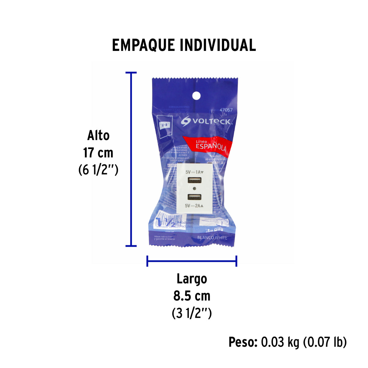 Toma con 2 puertos USB, 1.5 módulos, línea Española, blanco