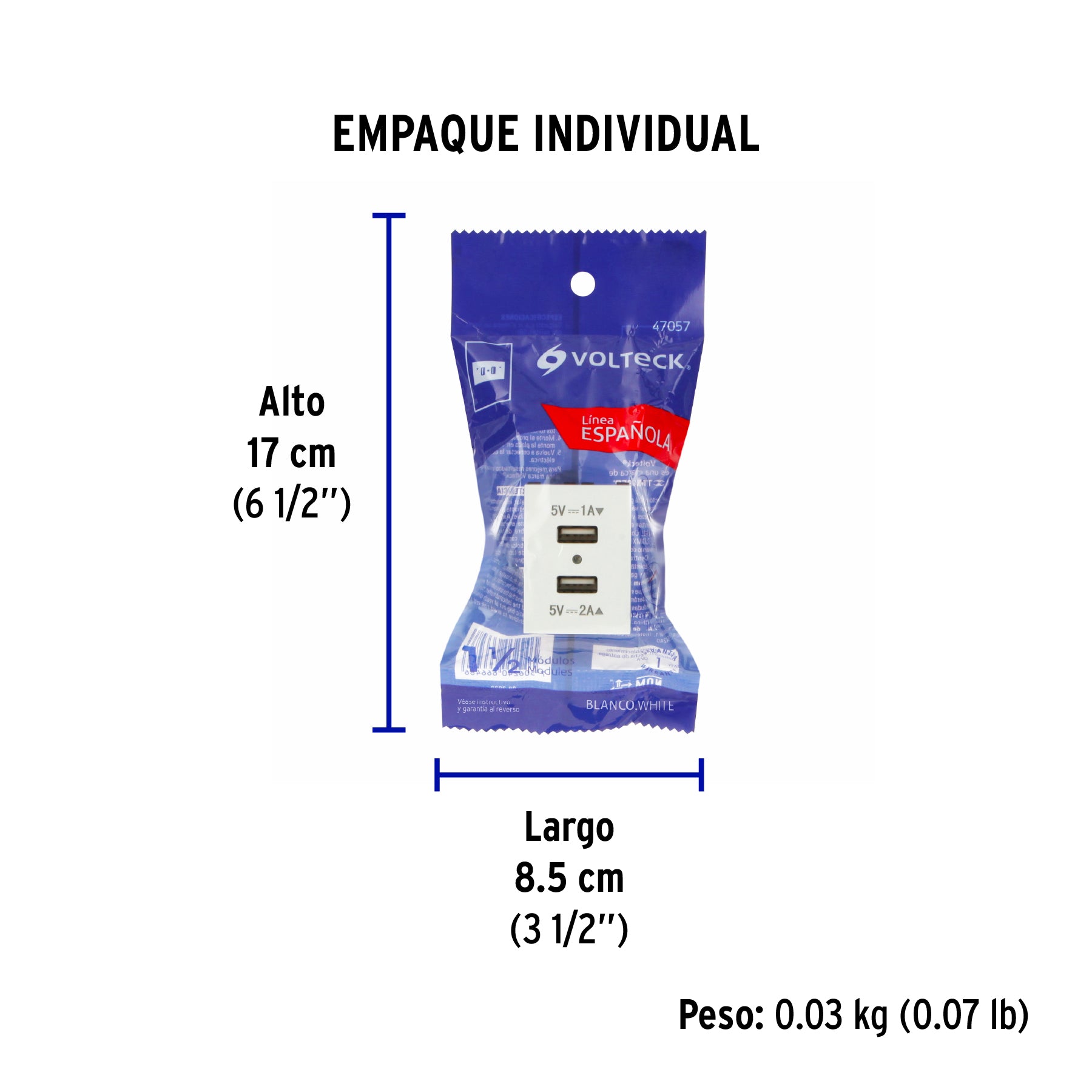 Toma con 2 puertos USB, 1.5 módulos, línea Española, blanco