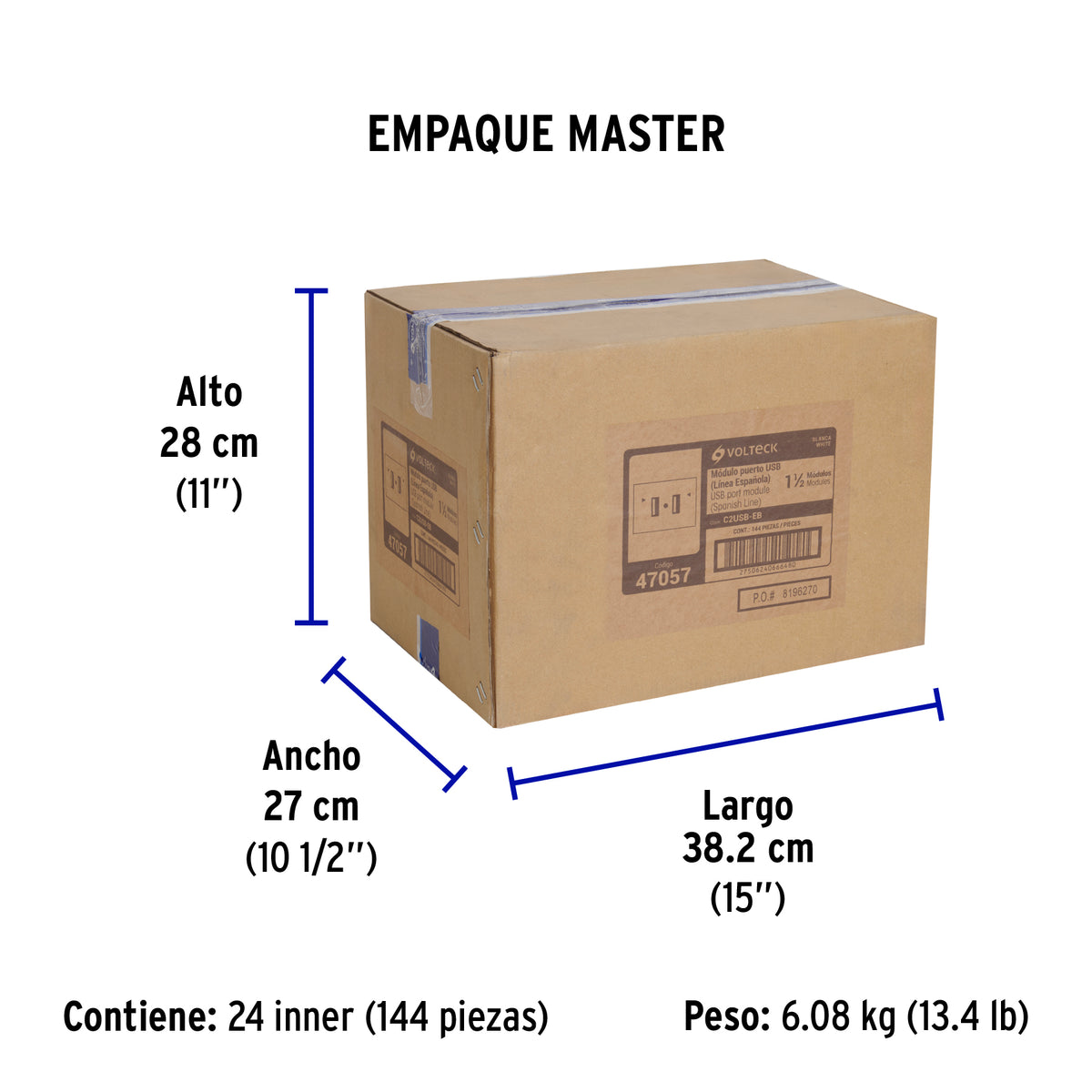 Toma con 2 puertos USB, 1.5 módulos, línea Española, blanco