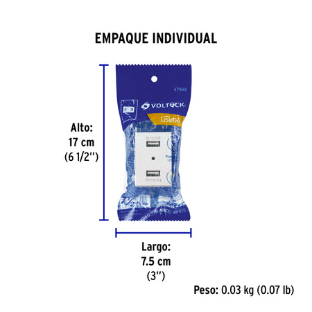 Toma con 2 puertos USB blanco de 1.5 módulos, línea Lisboa