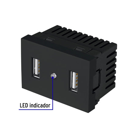Toma con 2 puertos USB negro de 1.5 módulos, línea Lisboa