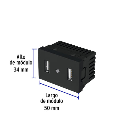 Toma con 2 puertos USB negro de 1.5 módulos, línea Lisboa