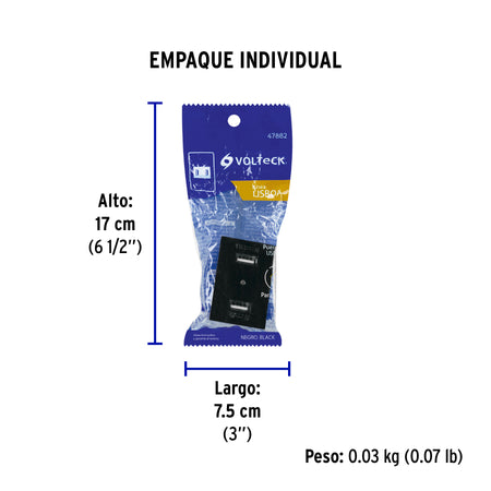 Toma con 2 puertos USB negro de 1.5 módulos, línea Lisboa