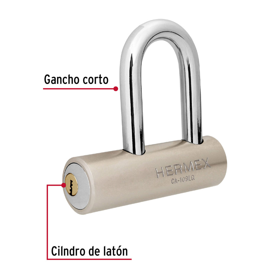 Candado de acero, 109mm, gancho largo, llave de puntos