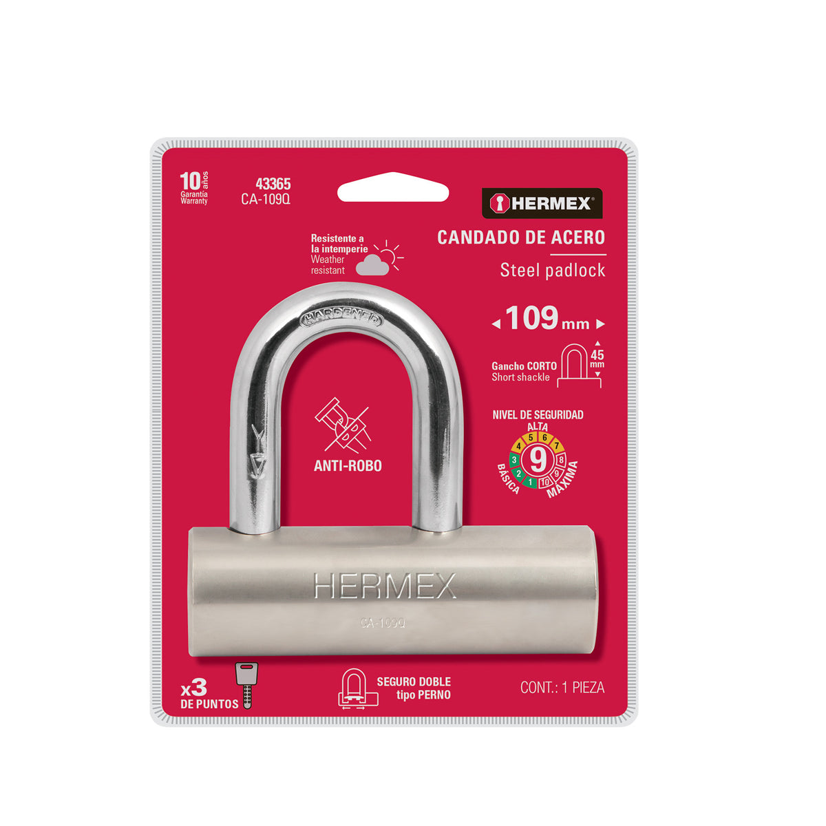 Candado de acero, 109mm, gancho corto, llave de puntos