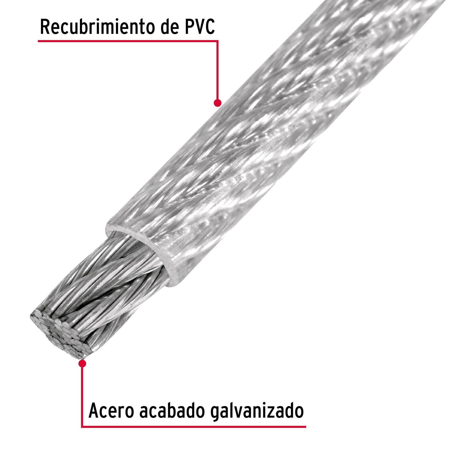 Metro de cable rígido 1/16' acero 7x7 recubierto PVC, 75 m 1/16', 75 m