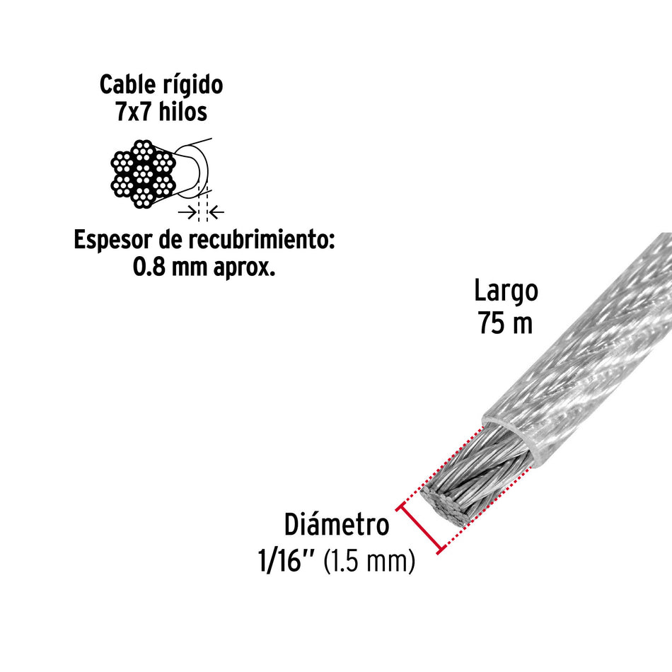 Metro de cable rígido 1/16' acero 7x7 recubierto PVC, 75 m 1/16', 75 m