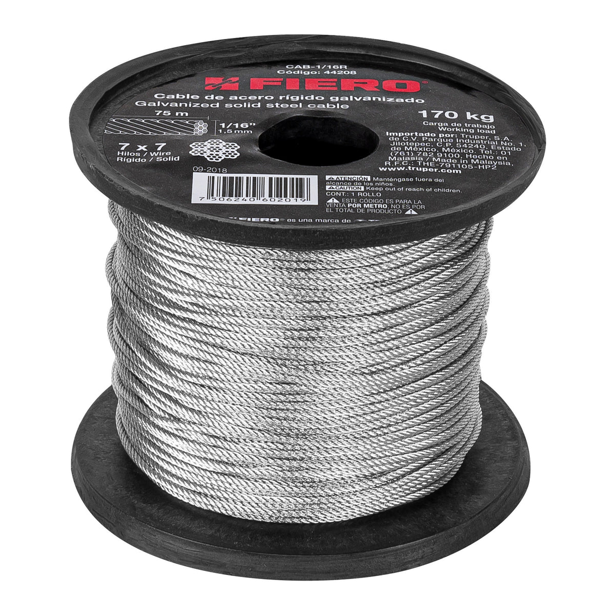 Metro de cable rígido 1/16' de acero 7x7 hilos, 75 m, FIERO 1/16', 75 m