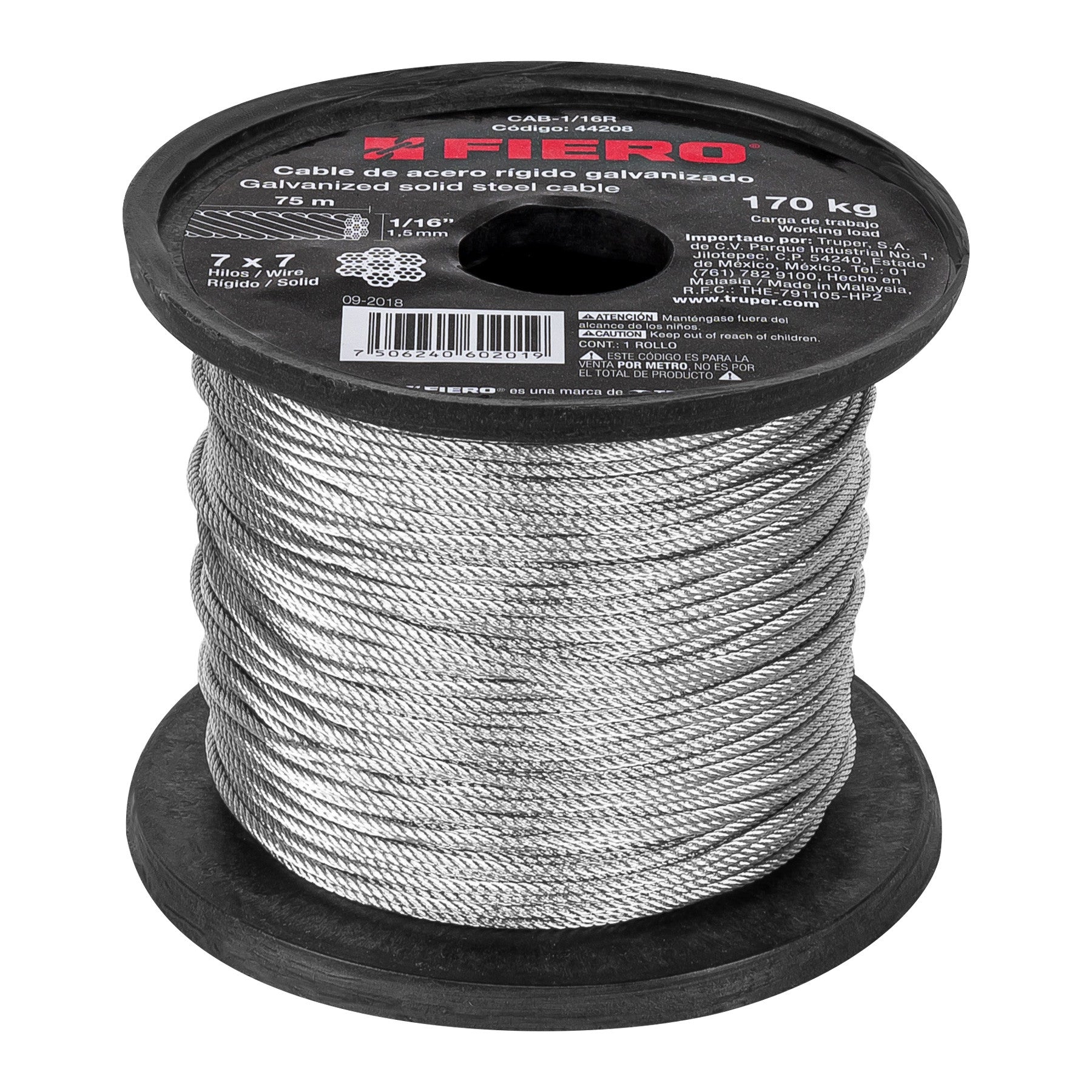 Metro de cable rígido 1/16' de acero 7x7 hilos, 75 m, FIERO 1/16', 75 m