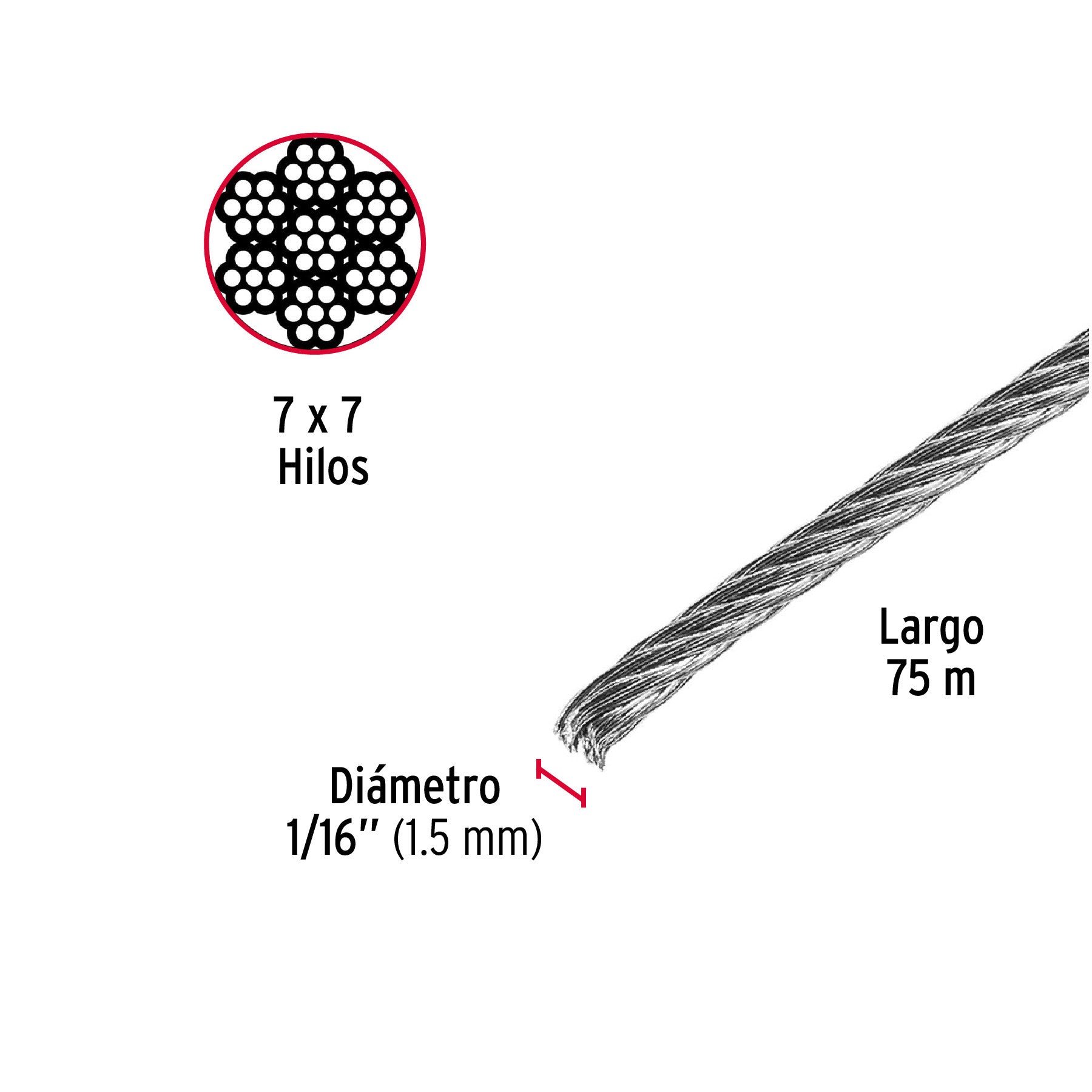 Metro de cable rígido 1/16' de acero 7x7 hilos, 75 m, FIERO 1/16', 75 m