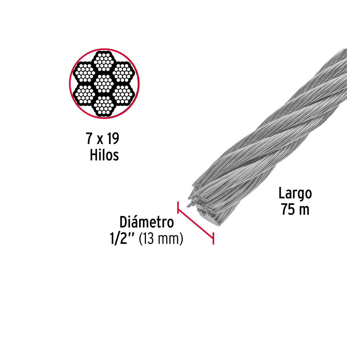 Metro de cable flexible 1/2' de acero 7x19 hilos, 75 m 1/2', 75 m
