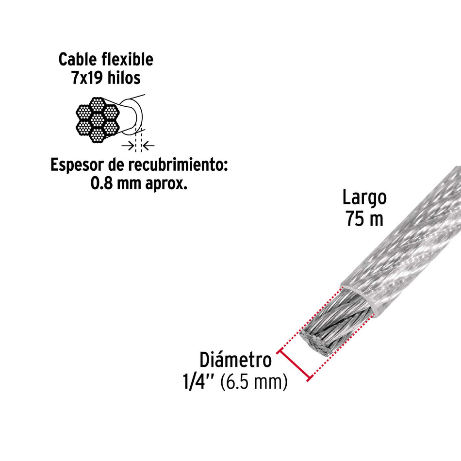 Metro cable flexible 1/4' acero 7x19 recubierto PVC, 75 m 1/4', 75 m