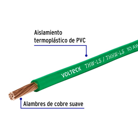 Carrete con 10 m de cable THHW-LS 10 AWG verde, Volteck