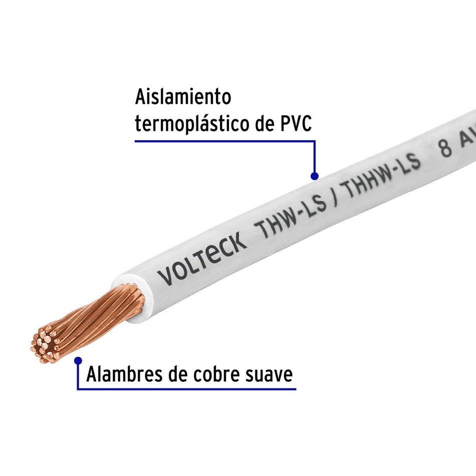 Carrete con 10 m de cable THHW-LS 8 AWG blanco, Volteck