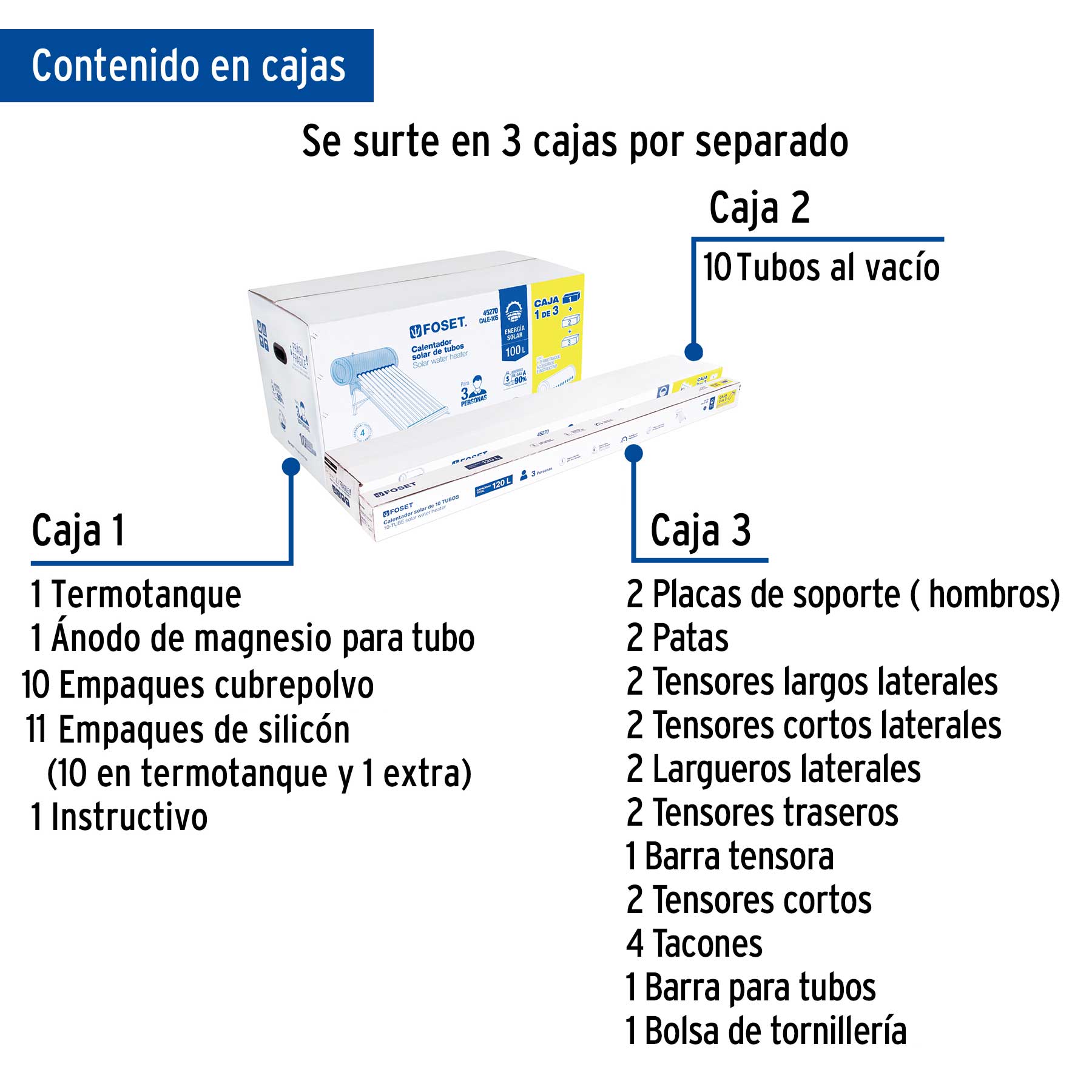 Calentador solar de agua 10 tubos, 120L, 3 personas, FOSET