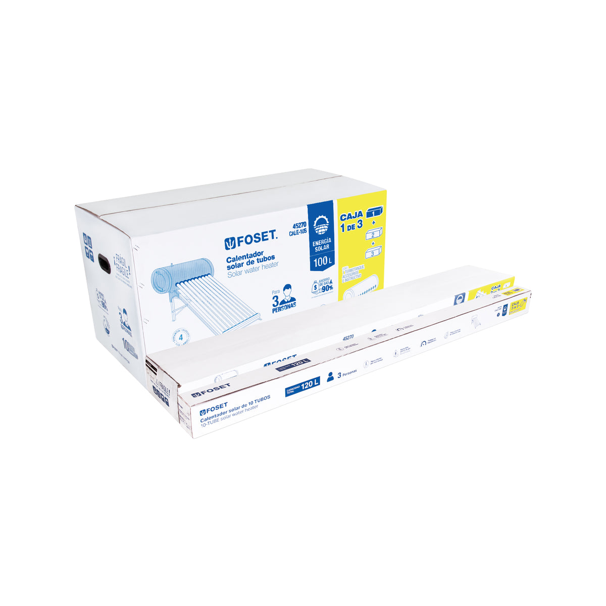 Calentador solar de agua 10 tubos, 120L, 3 personas, FOSET