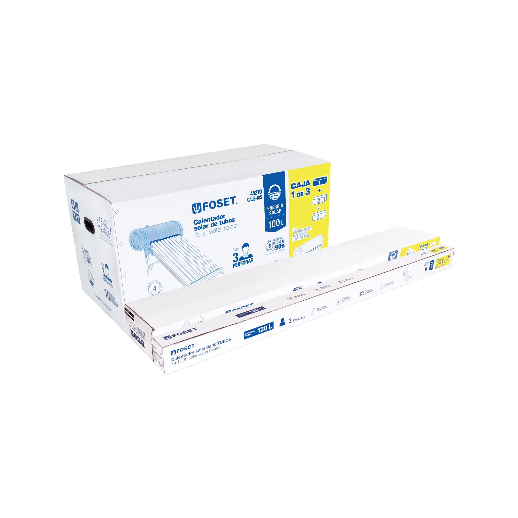 Calentador solar de agua 10 tubos, 120L, 3 personas, FOSET