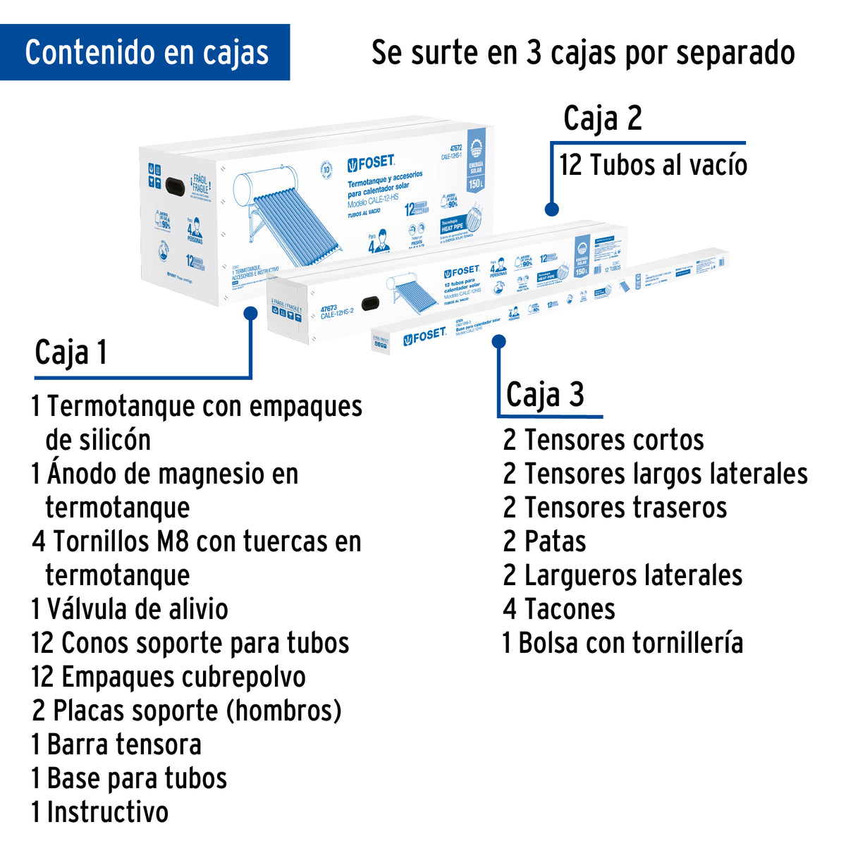 Calentador solar HeatPipe, 12 tubos, 150L, 4 personas, FOSET